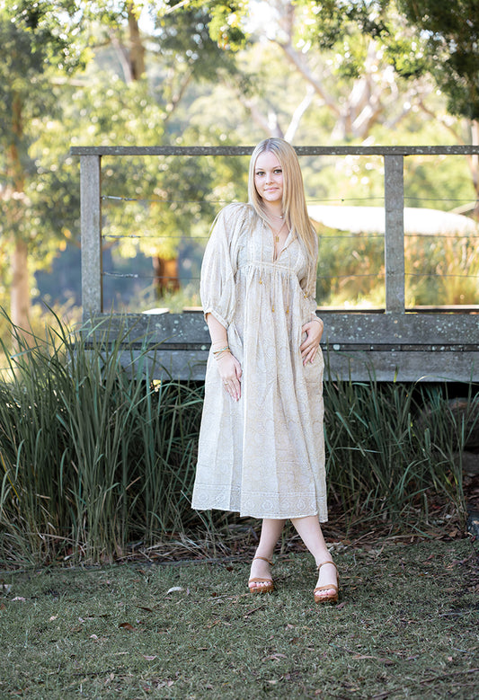 Daisy Maxi Dress featuring delicate floral hand block printed pattern on floaty 100% cotton voile. Stunning maxi dress in Bohemian style.