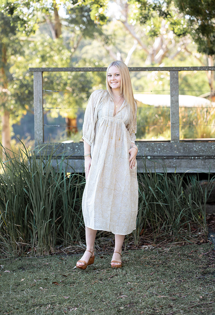 Daisy Maxi Dress featuring delicate floral hand block printed pattern on floaty 100% cotton voile. Stunning maxi dress in Bohemian style.