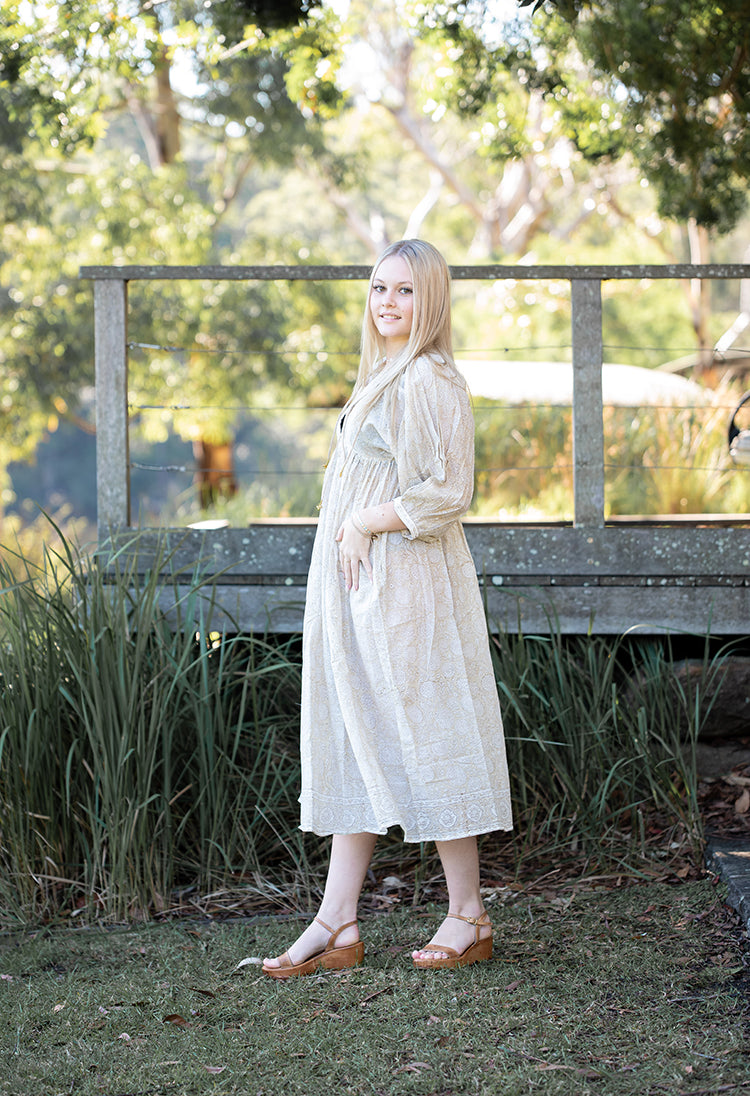 Daisy Maxi Dress featuring delicate floral hand block printed pattern on floaty 100% cotton voile. Stunning maxi dress in Bohemian style.