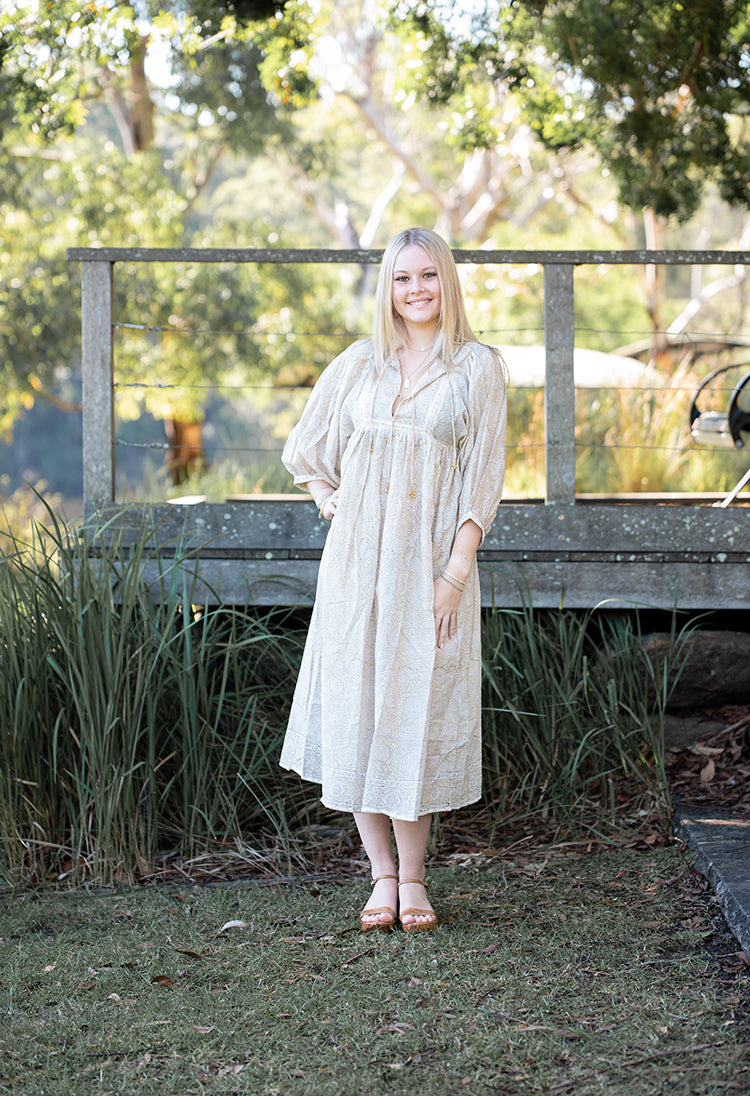 Daisy Maxi Dress featuring delicate floral hand block printed pattern on floaty 100% cotton voile. Stunning maxi dress in Bohemian style.