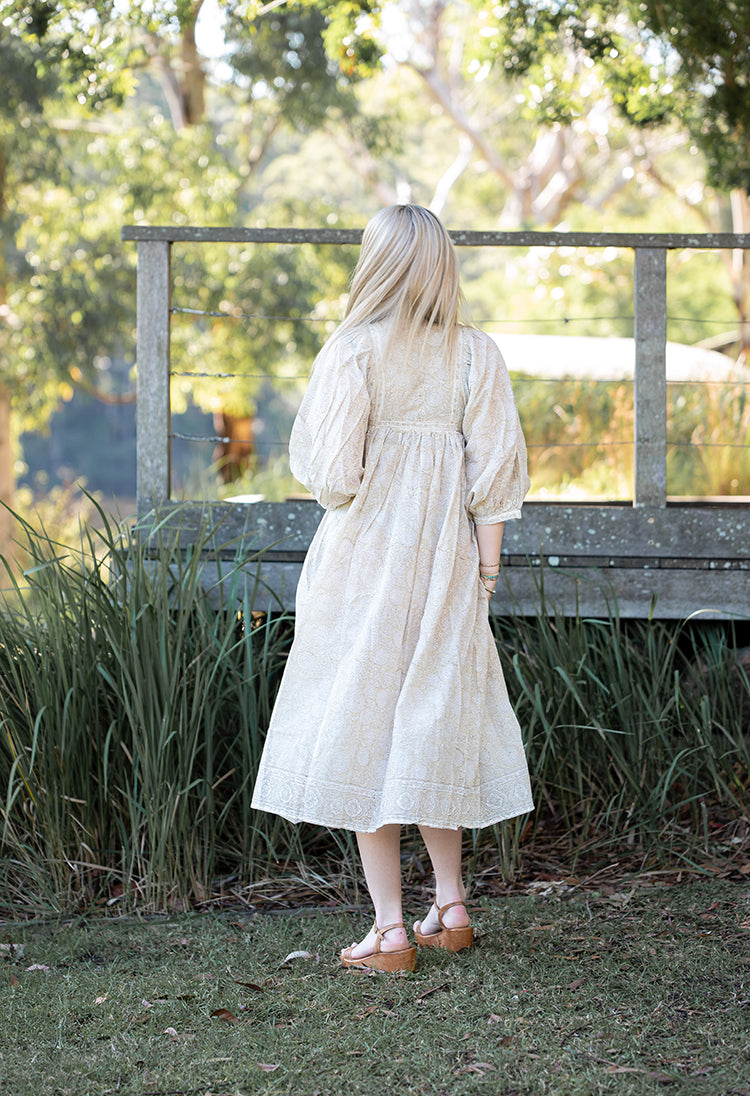 Daisy Maxi Dress featuring delicate floral hand block printed pattern on floaty 100% cotton voile. Stunning maxi dress in Bohemian style.