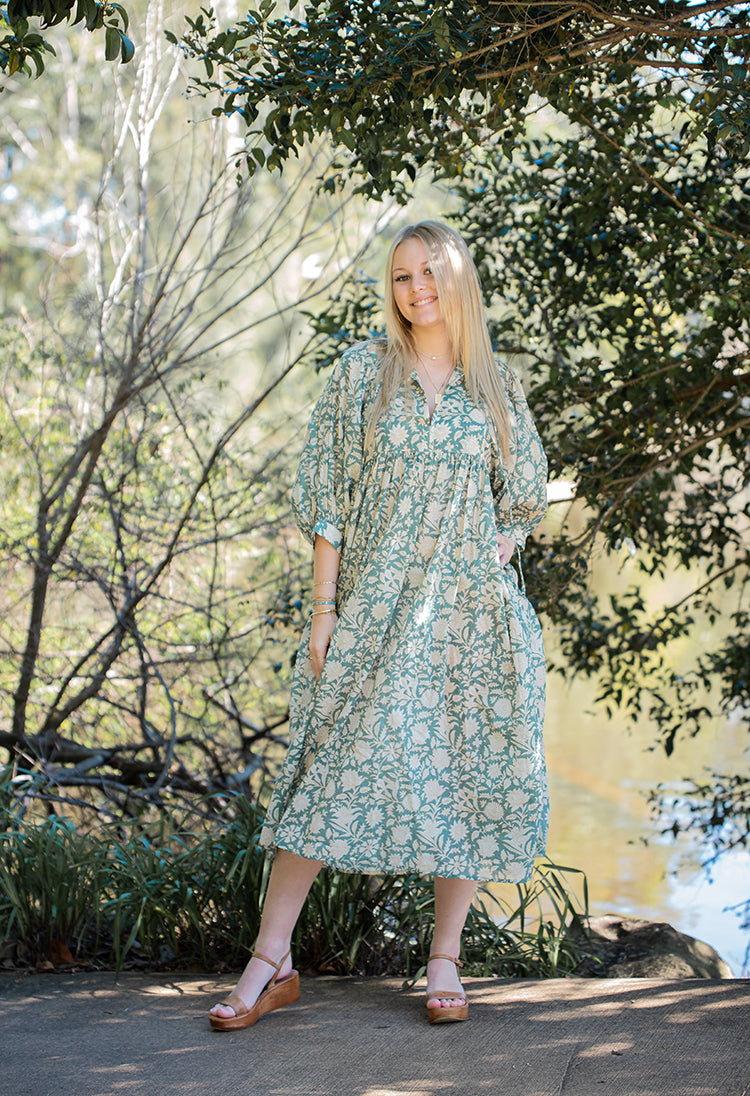 Designed with comfort in mind, our Sara Maxi Dress is lightweight, flowy and ready to be dressed up or down.  Featuring a floral hand block printed pattern on olive green colourway.