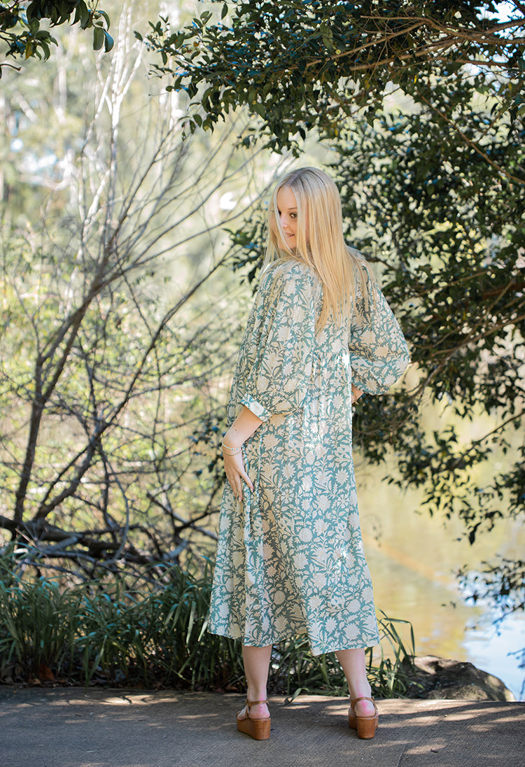 Designed with comfort in mind, our Sara Maxi Dress is lightweight, flowy and ready to be dressed up or down.  Featuring a floral hand block printed pattern on olive green colourway.