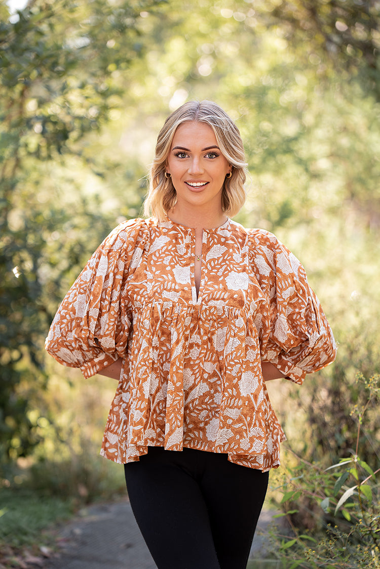 Fleur top is a stunning Bohemian style top featuring floral hand block printed pattern by artisans in India