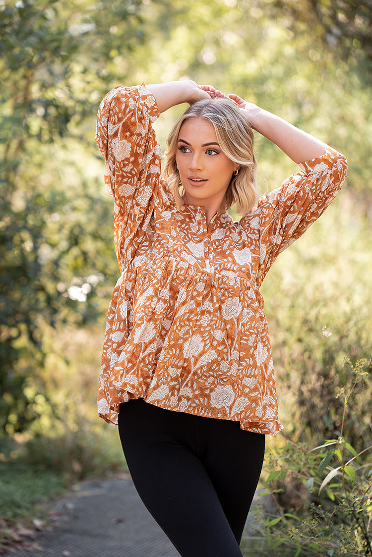 Fleur top is a stunning Bohemian style top featuring floral hand block printed pattern by artisans in India