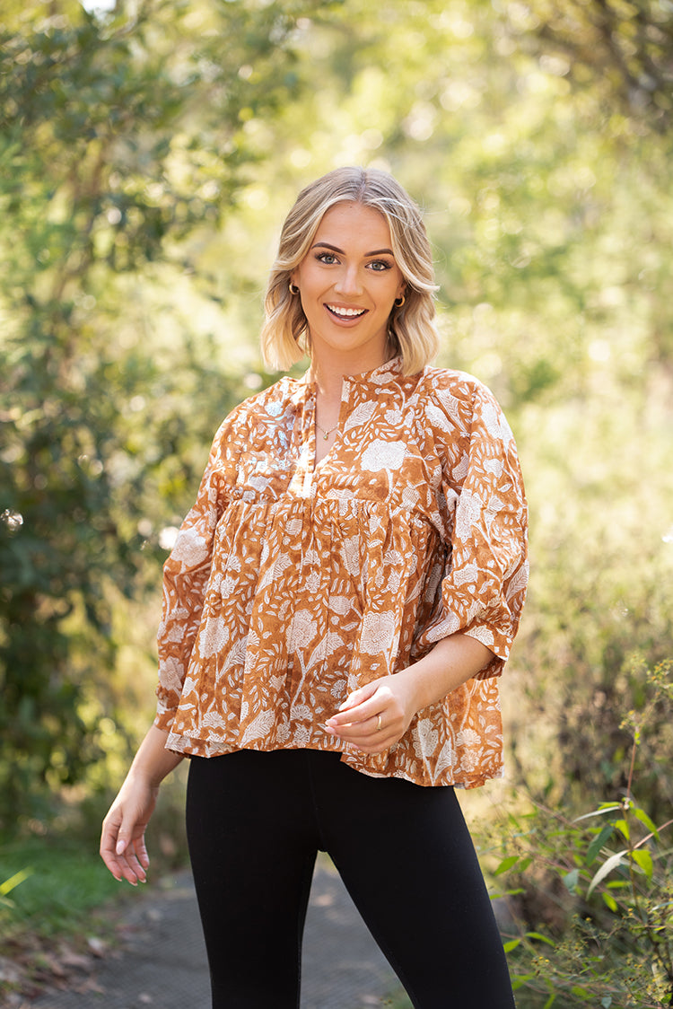 Fleur top is a stunning Bohemian style top featuring floral hand block printed pattern by artisans in India