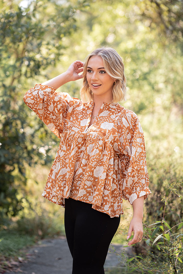 Fleur top is a stunning Bohemian style top featuring floral hand block printed pattern by artisans in India