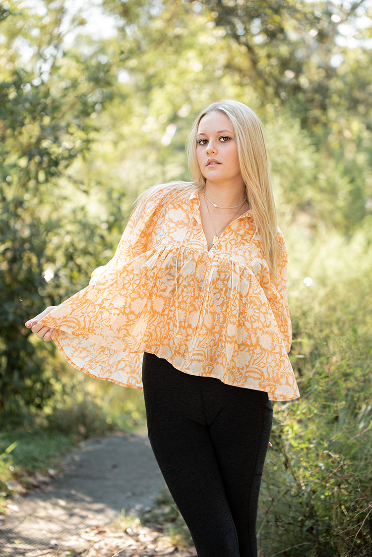 Lisa Bohemian Top featuring delicate floral hand block print in a soft mandarin colourway on 100% cotton voile fabric.