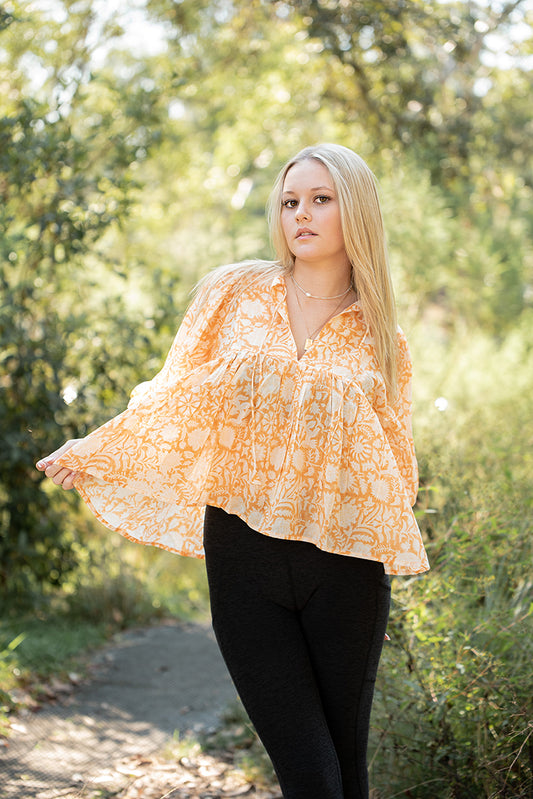 Lisa Bohemian Top featuring delicate floral hand block print in a soft mandarin colourway on 100% cotton voile fabric.