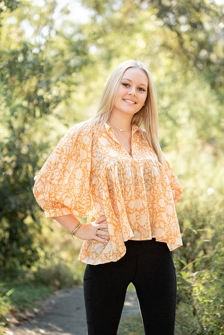 Lisa Bohemian style Top featuring delicate floral hand block print in a soft mandarin colourway on 100% cotton voile fabric.