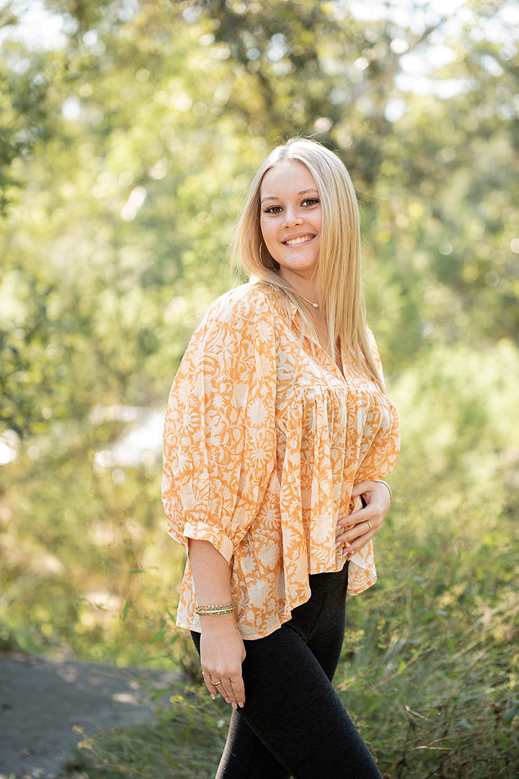 Lisa Bohemian style Top featuring delicate floral hand block print in a soft mandarin colourway on 100% cotton voile fabric.