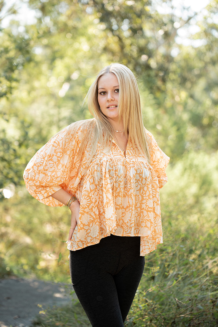 Lisa Bohemian style Top featuring delicate floral hand block print in a soft mandarin colourway on 100% cotton voile fabric.