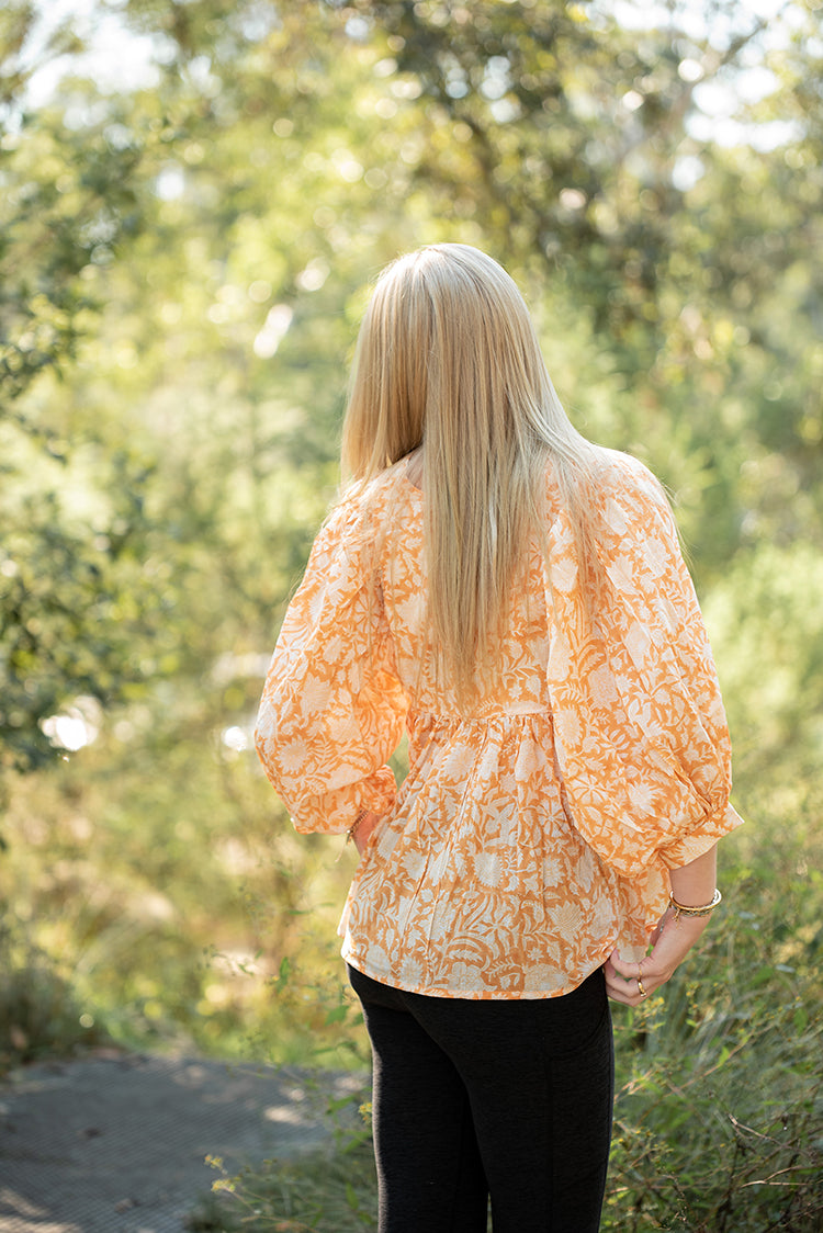 Lisa Bohemian style Top featuring delicate floral hand block print in a soft mandarin colourway on 100% cotton voile fabric.