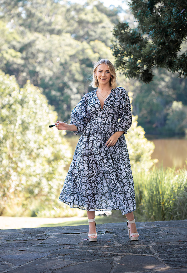 Black Rosa Bohemian Maxi Dress. Hand block print pattern in beautiful light 100% cotton voile fabric.