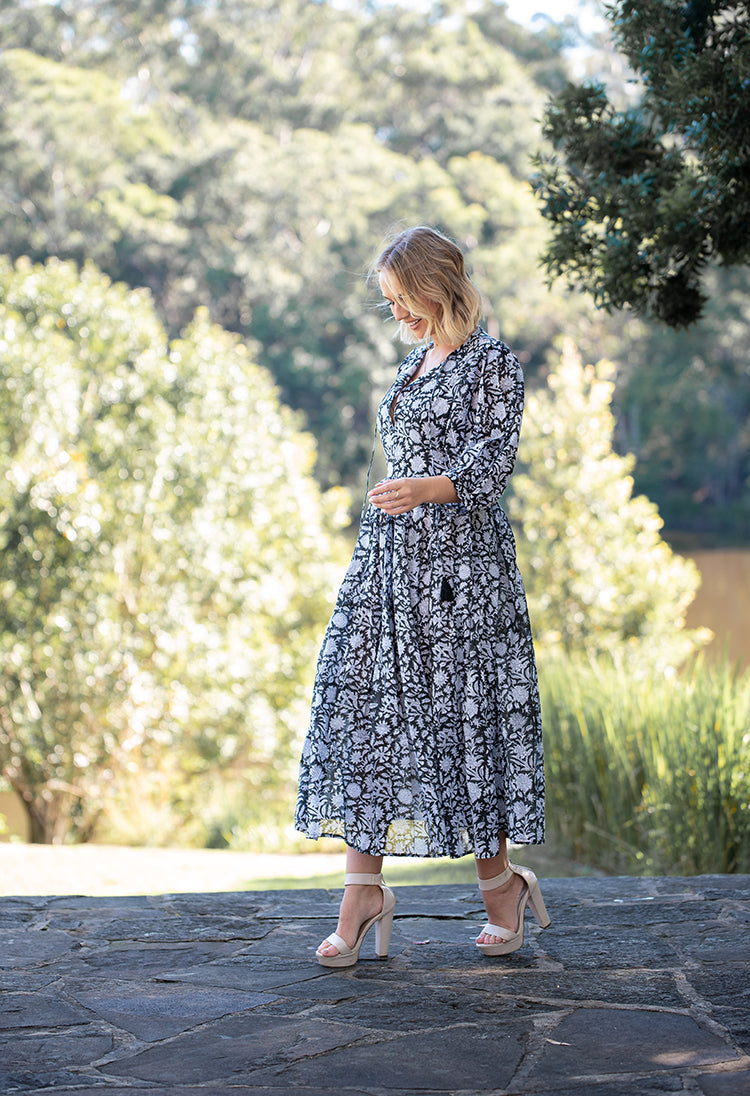 Black Rosa Bohemian Maxi Dress. Hand block print pattern in beautiful light 100% cotton voile fabric.