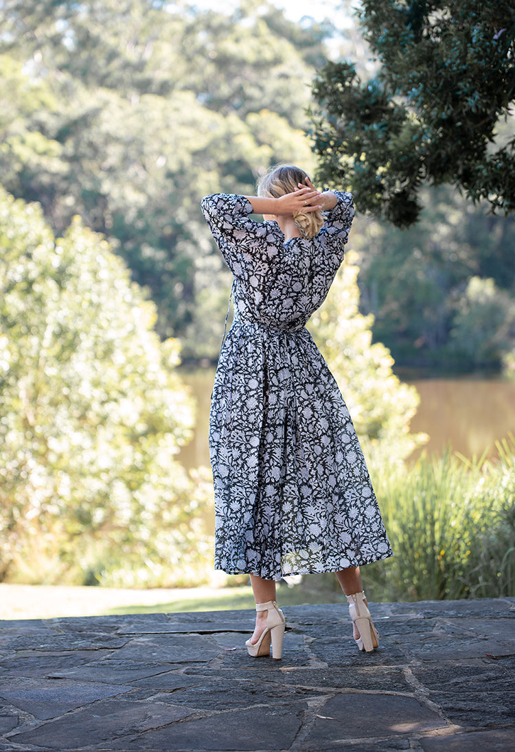 Black Rosa Bohemian Maxi Dress. Hand block print pattern in beautiful light 100% cotton voile fabric.