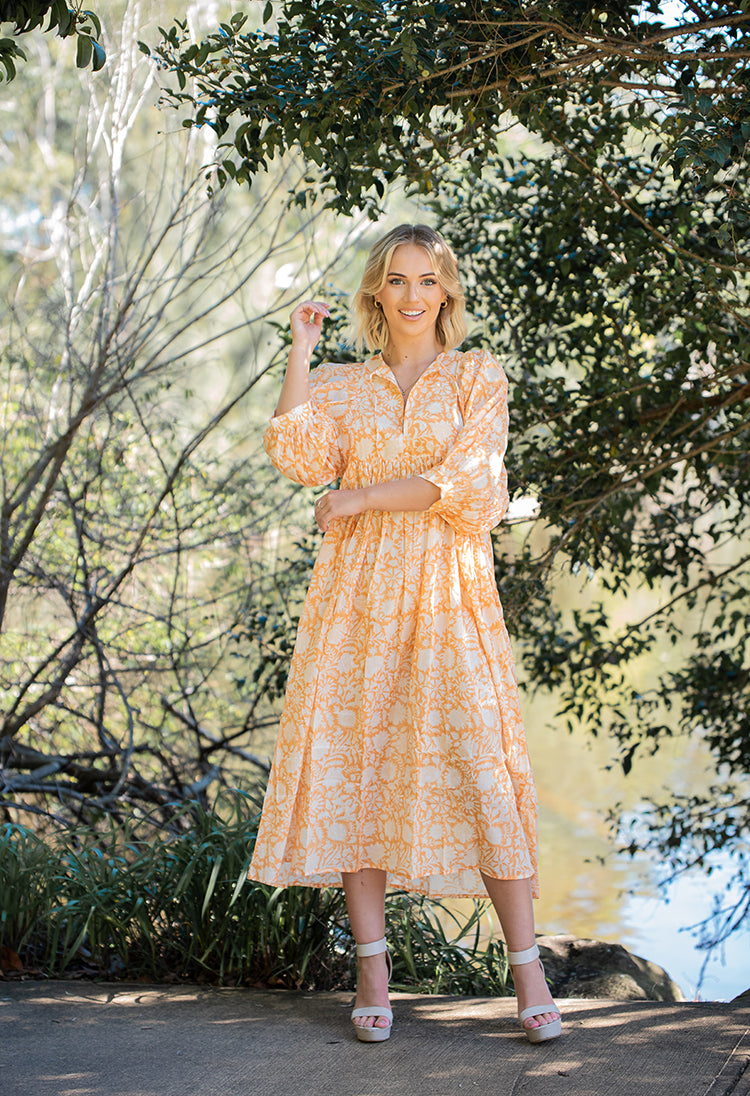 Lisa Maxi Dress - Bohemian style maxi dress featuring delicate floral hand block print in a soft mandarin colourway on 100% cotton voile fabric.