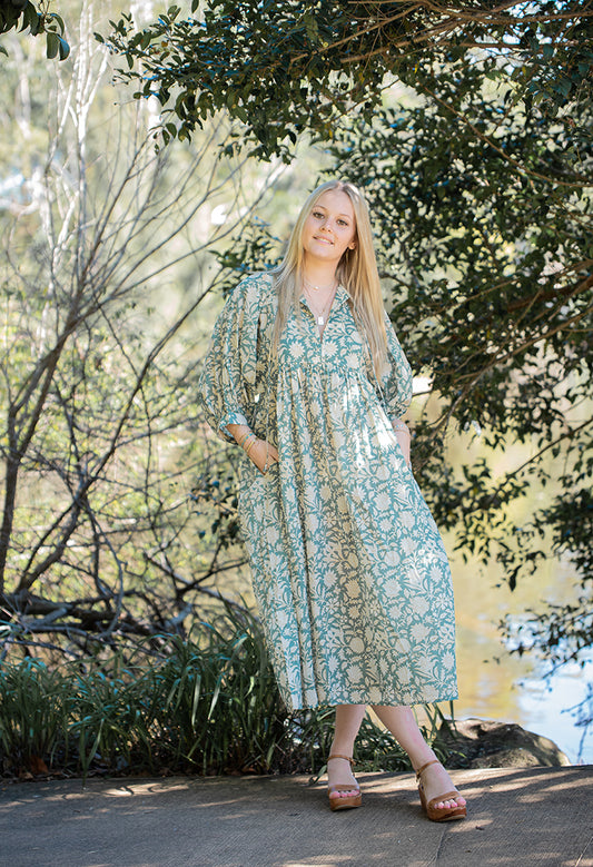 Designed with comfort in mind, our Sara Maxi Dress is lightweight, flowy and ready to be dressed up or down.  Featuring a floral hand block printed pattern on olive green colourway.