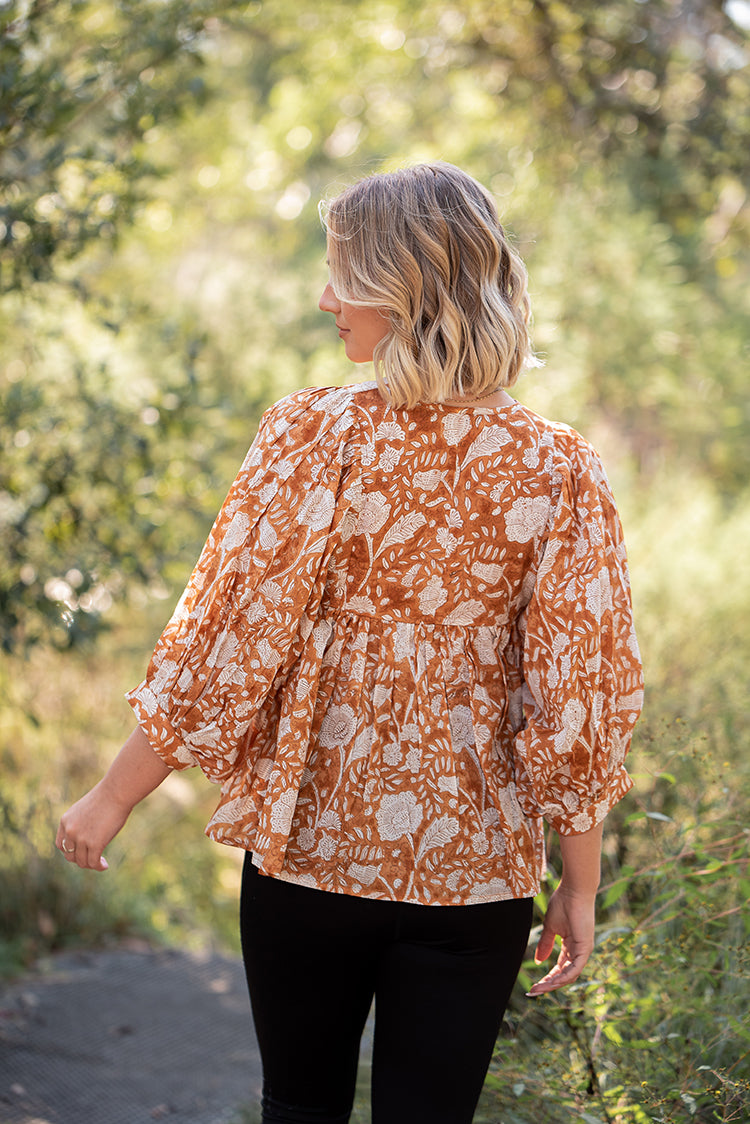 Fleur top is a stunning Bohemian style top featuring floral hand block printed pattern by artisans in India