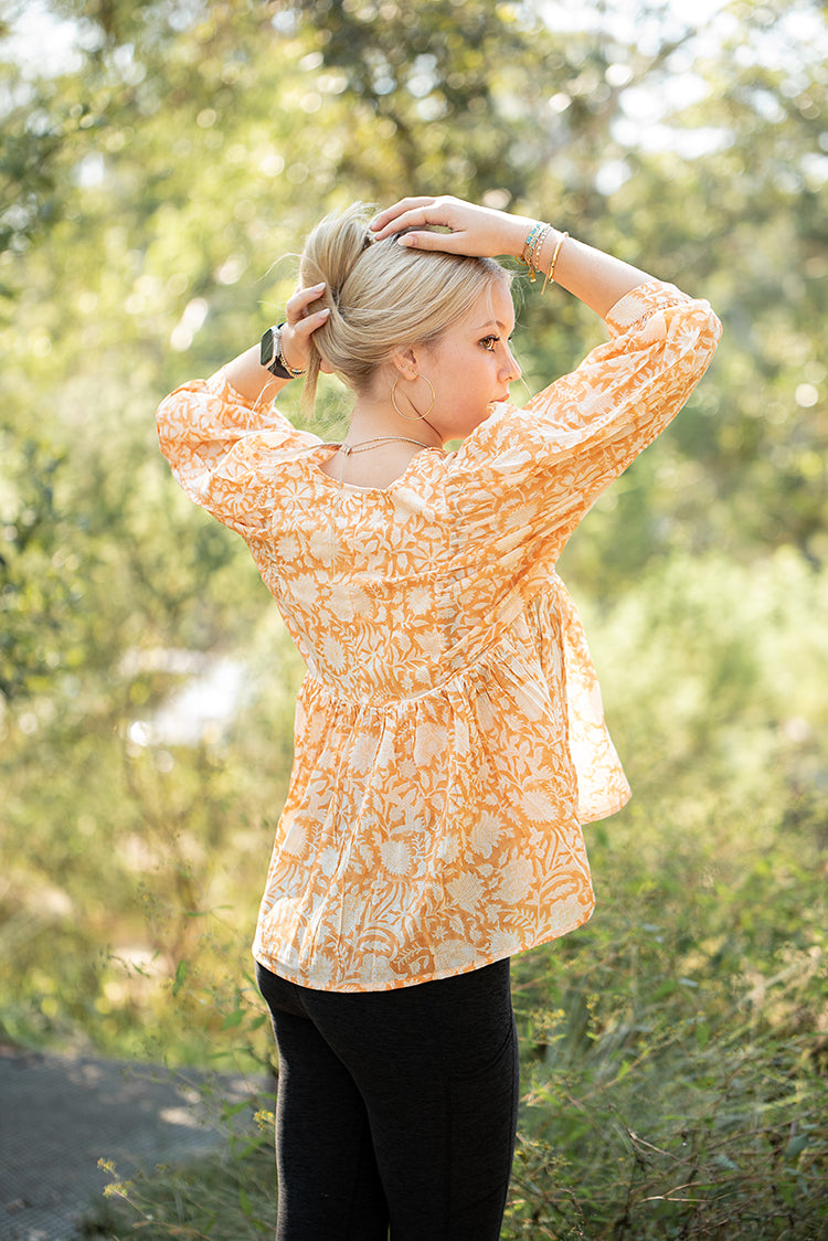 Lisa Bohemian style Top featuring delicate floral hand block print in a soft mandarin colourway on 100% cotton voile fabric.
