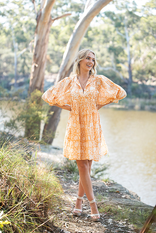Lisa Midi Dress - Bohemian style midi dress featuring delicate floral hand block print in a soft mandarin colourway on 100% cotton voile fabric.