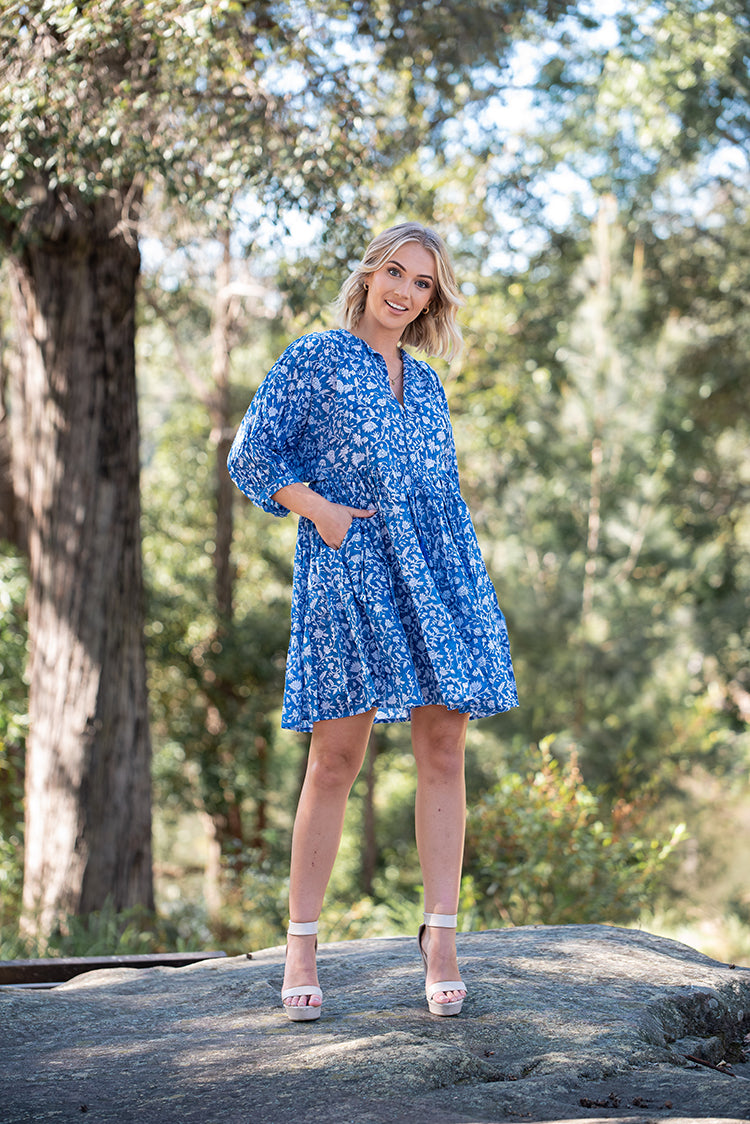 Bloom Dress featuring delicate floral hand block printed pattern on floaty 100% cotton voile. Stunning midi dress style.