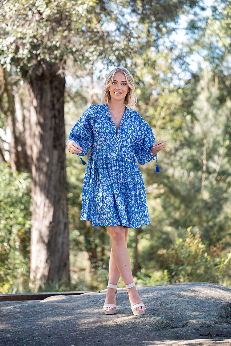 Bloom Dress featuring delicate floral hand block printed pattern on floaty 100% cotton voile. Stunning midi dress style.