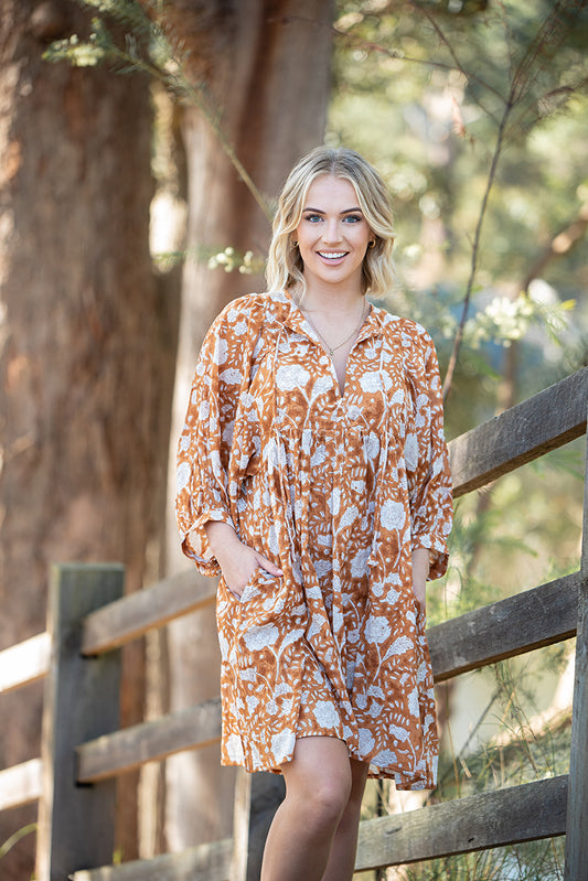 Fleur Dress is your perfect Autumn go to dress. Offering soft, floaty fabric and beautiful billowy sleeves the Fleur Dress portrays simple beauty. Midi Bohemian style dress.