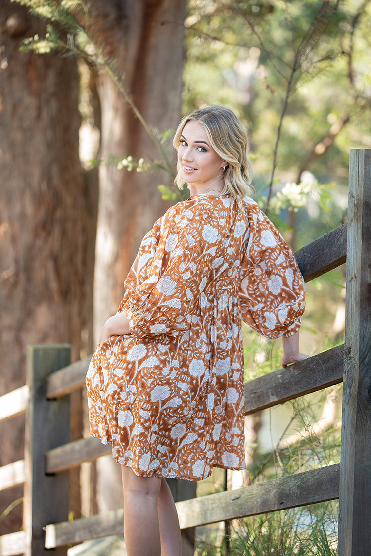 Fleur Dress is your perfect Autumn go to dress. Offering soft, floaty fabric and beautiful billowy sleeves the Fleur Dress portrays simple beauty. Midi Bohemian style dress.